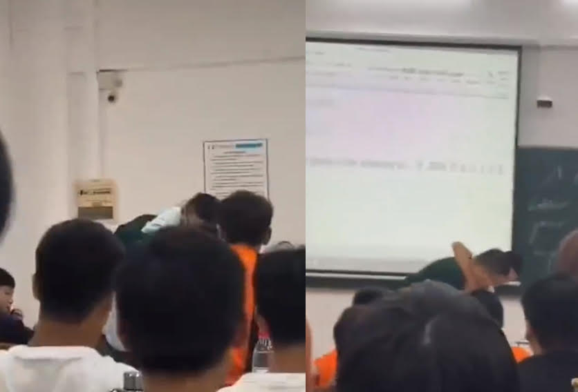 中國浙江一名男學生上課玩手機被老師沒收，竟動手對老師鎖喉。（翻攝微博）
