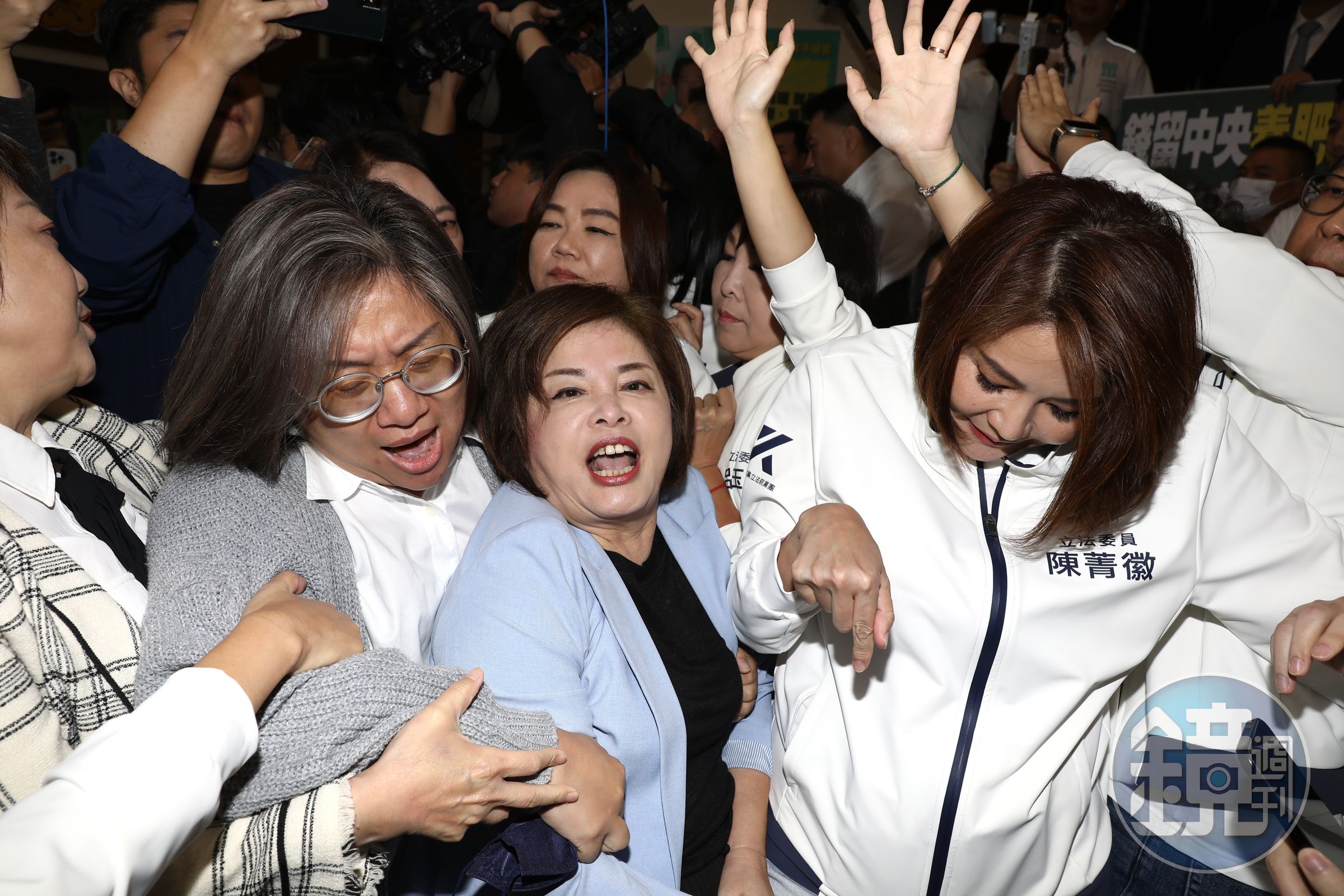 民進黨立委賴惠員(藍衣)與陳培瑜(灰衣)與藍委爆發推擠。