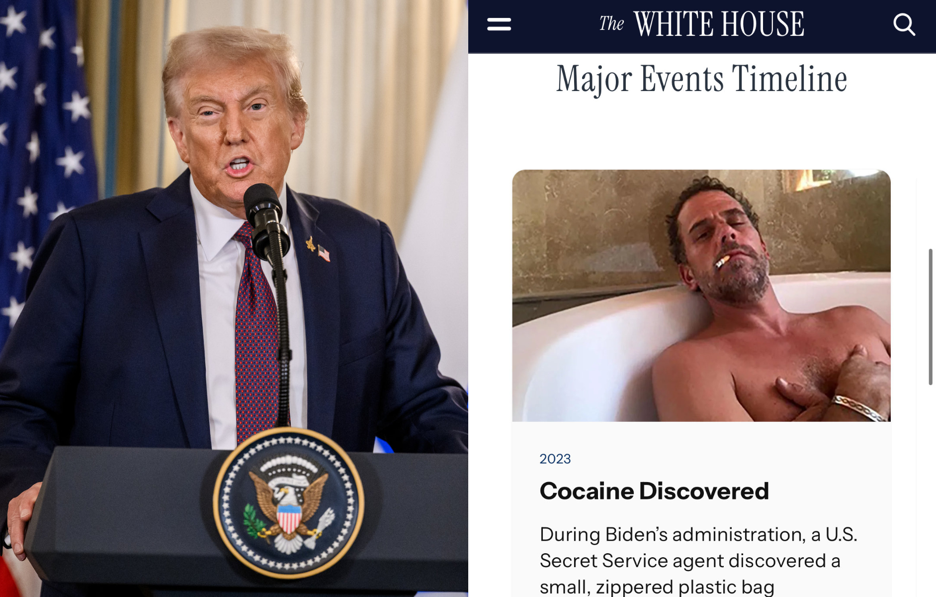 川普偷偷更動白宮官網，把拜登次子杭特吸毒的醜聞，列入白宮大事記中。（翻攝The White House Flickr、whitehouse.gov）