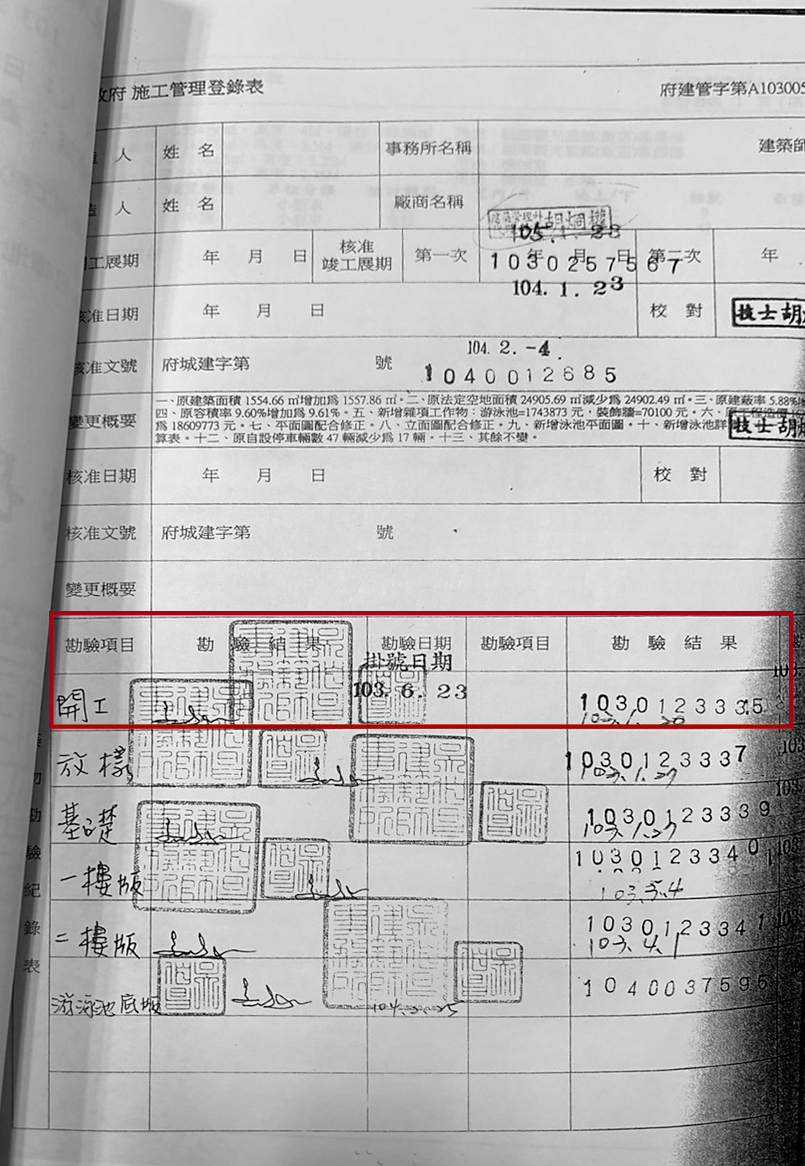 日暉2014年6月申請勘驗,縣府申報書竟記載同年1月、3月、4月勘驗完成。(讀者提供)