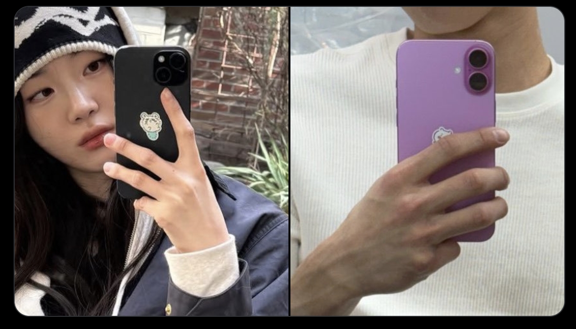 網友舉出許多情侶同款，申詩雅與李柱延手機背殼上的同系列貼紙為買美妝品的贈品。（網路圖片）