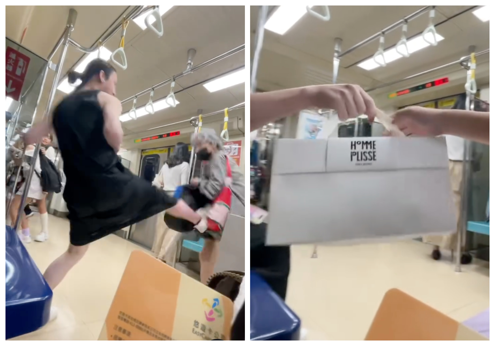 北捷「飛踢男」在起身前，先將手中的三宅一生紙袋交由旁邊乘客保管。（翻攝畫面）