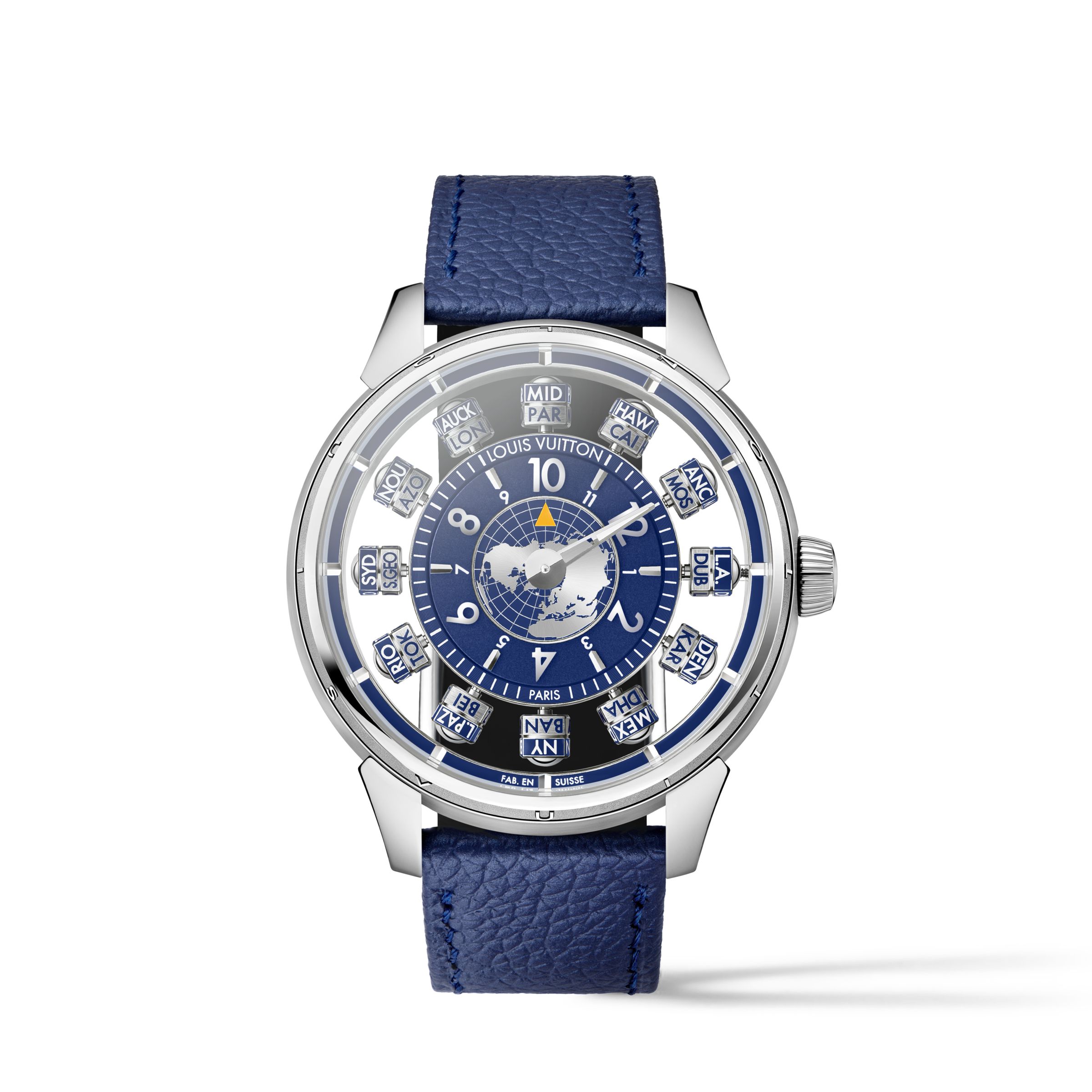 Tambour Spin Time Air Antipode｜型號W9WG91／錶徑42.5mm／18K白金錶殼／時間指示、世界城市晝夜顯示／LFT ST12.01自動上鍊機芯／動力儲存約45小時／防水約50米