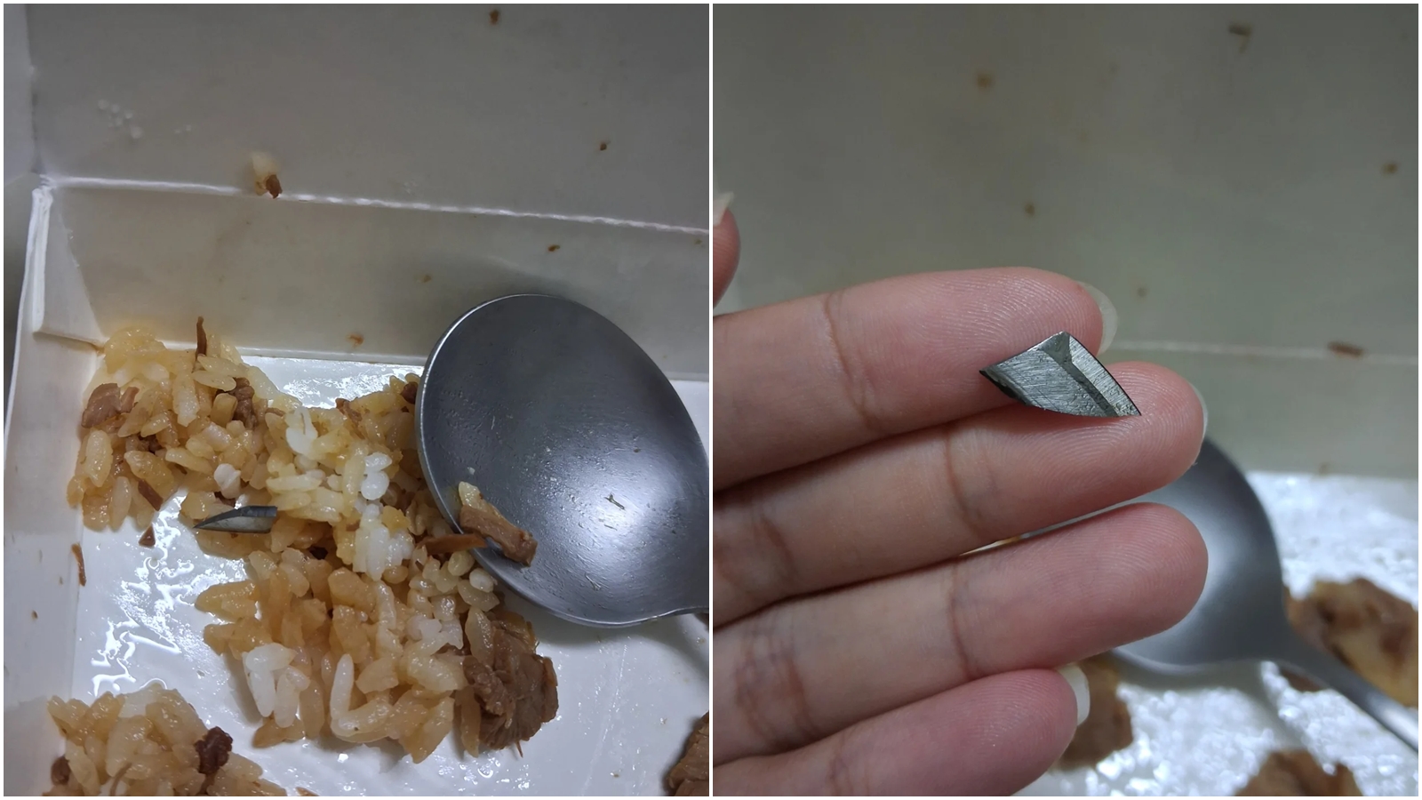 一名女子反映高雄一家火雞肉飯店的外帶餐盒內發現刀片。（Threads@h.yanqi授權提供）