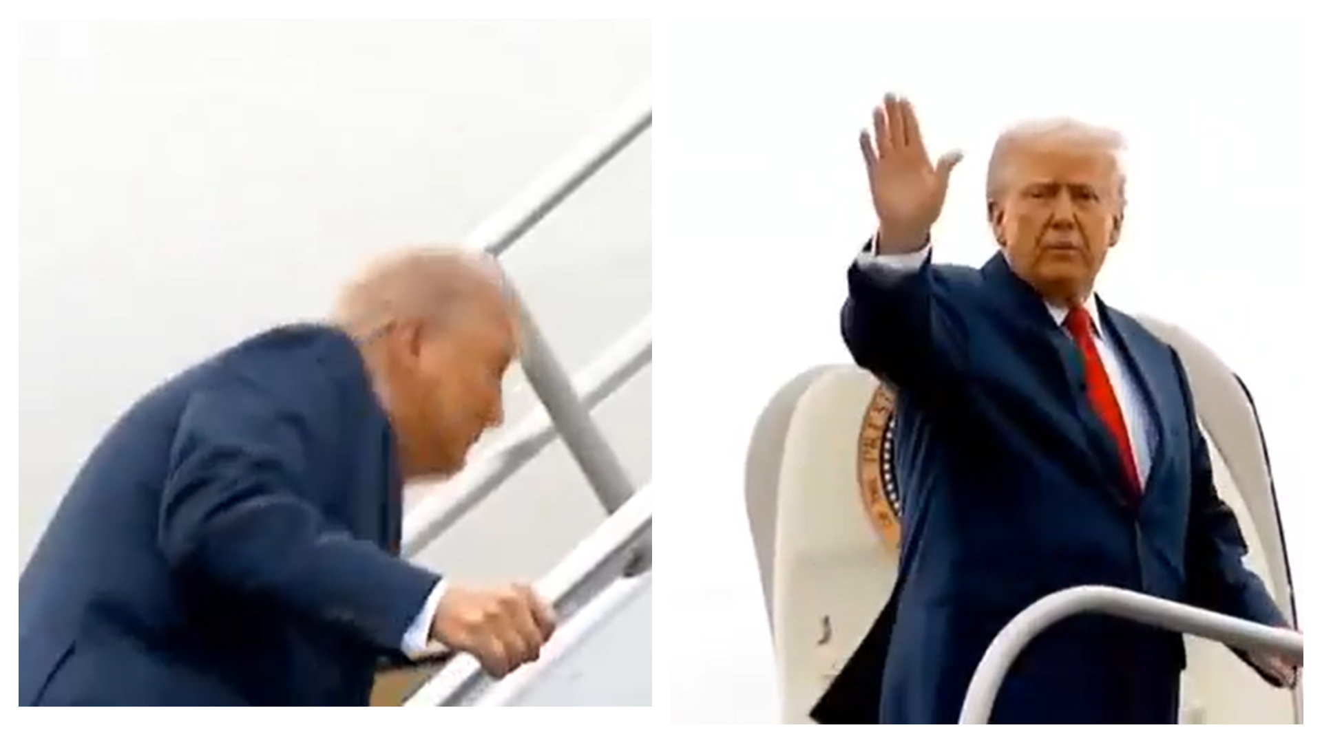 川普週日登空軍一號時踉蹌一下，幸好眼急手快抓住扶手，但面露驚恐慌張的表情還是被記錄下來。（翻攝自X@SaveUSAKitty）