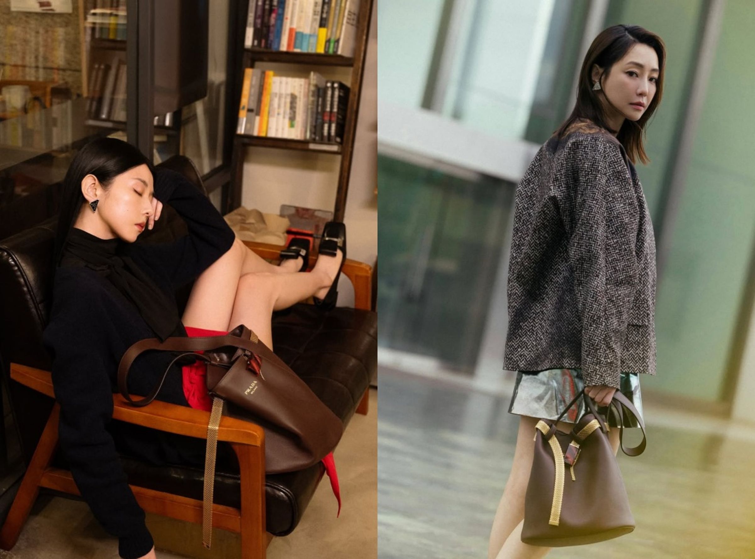 (左起)邵雨薇、謝欣穎眼光相同,挑選上同樣的PRADA Buckle水桶包。(PRADA提供)