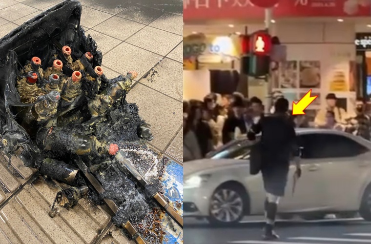 台北車站與中山商圈驚傳隨機傷人事件，警方與消防人員到場處理，嫌犯張文（右圖箭頭處）墜樓身亡，現場一度封鎖，相關案情仍在調查中。（翻攝畫面）