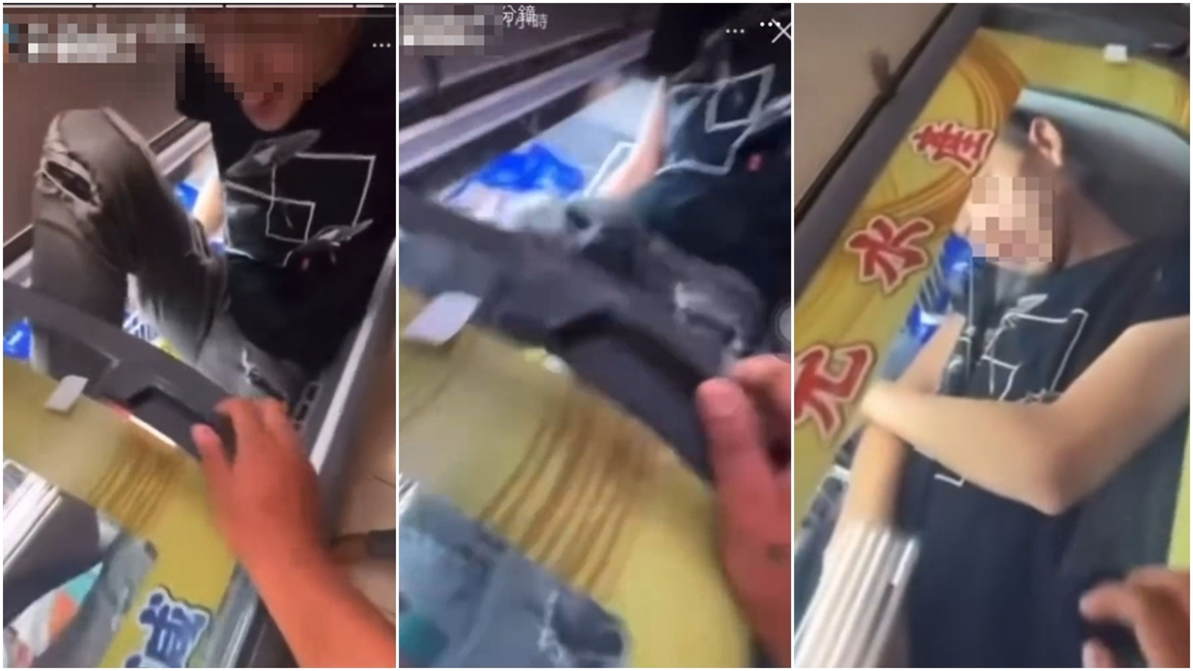 男子躺在萊爾富超商冰櫃內躺下閉眼,而友人則在一旁嘻笑、錄影。(翻攝自Threads@yyyufff_uu)