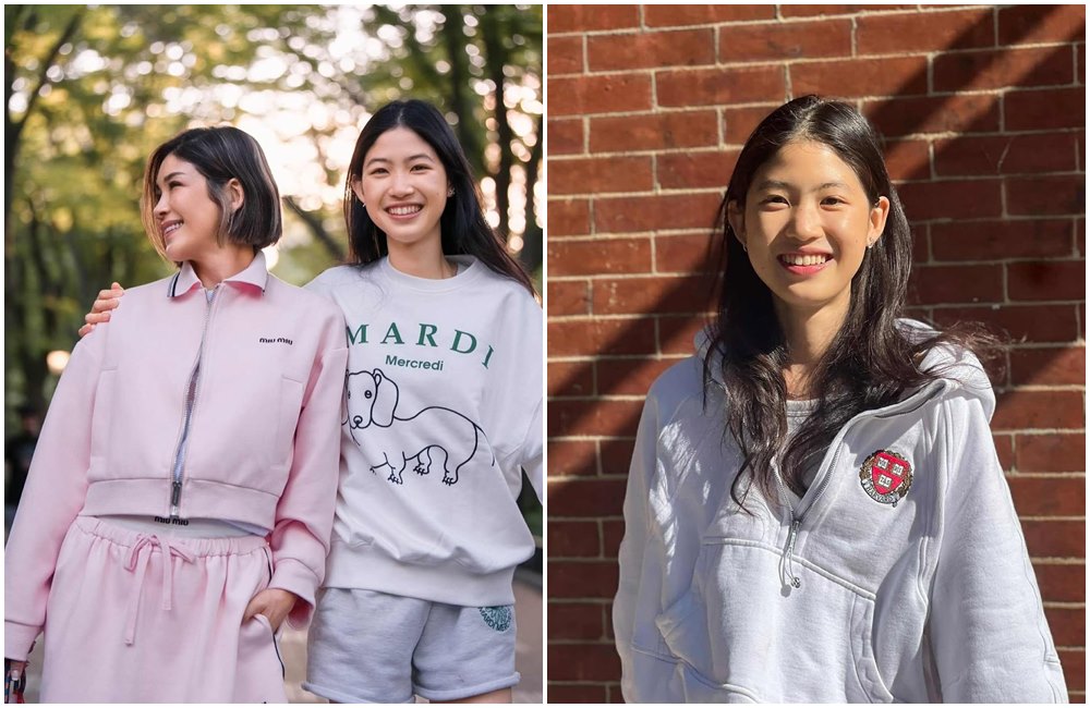 蔣雅淇的女兒關愛申請上哈佛研究所，穿上印有哈佛校徽的外套（右圖）。（翻攝vivian.yachi.chiang IG）