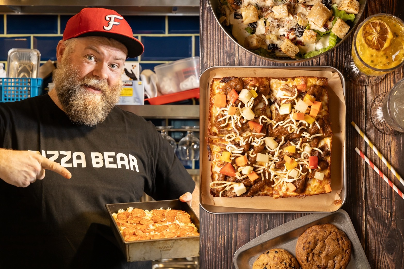 由美國老闆經營的「PIZZA BEAR」，販售的底特律披薩是由矩形鋼托盤烤出，屬於外皮厚實、口感酥脆的美式披薩。