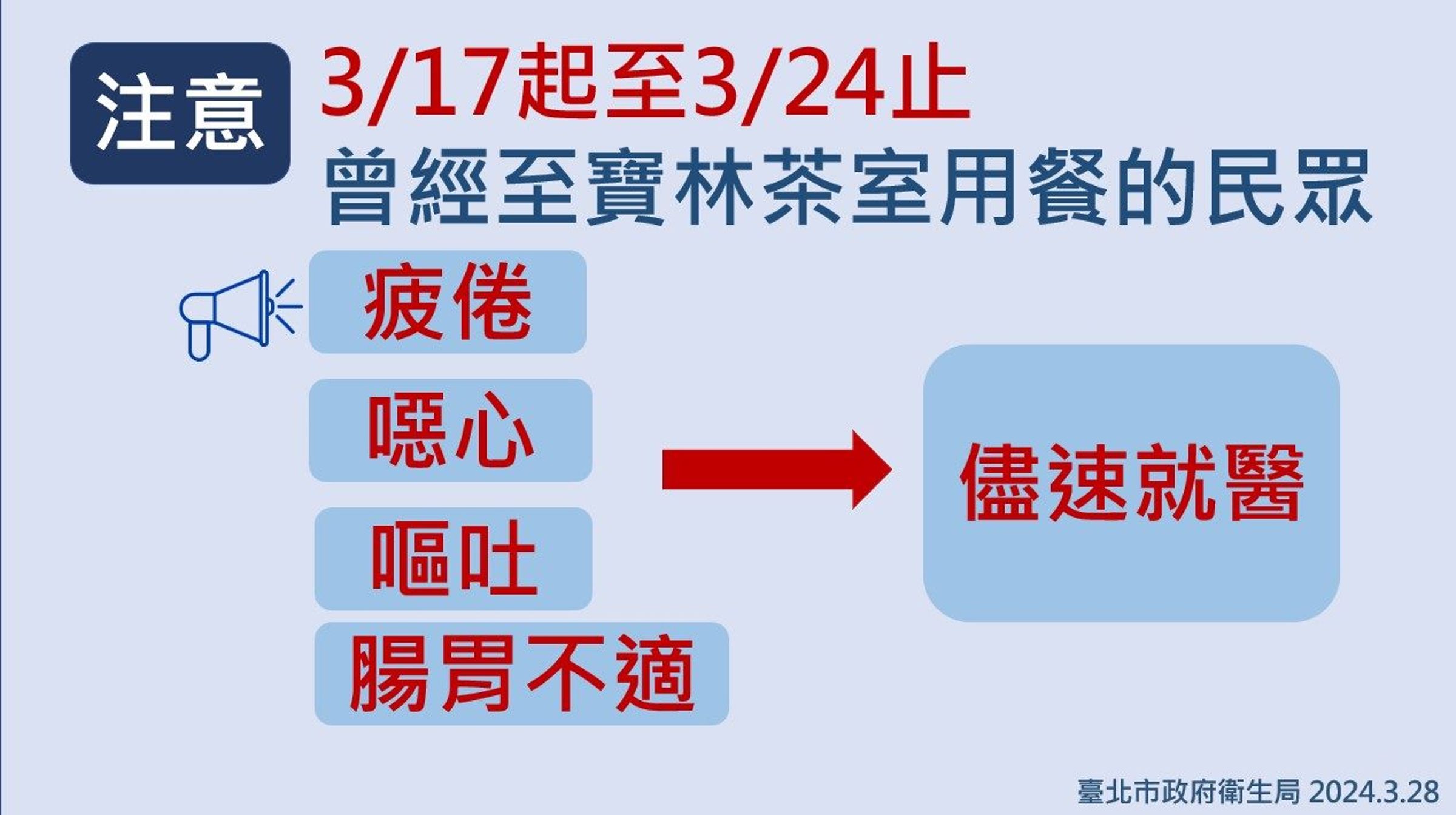 北市衛生局長陳彥元呼籲,民眾若在3月17日後曾至寶林茶室用餐,出現疲倦、噁心、嘔吐、腸胃不適4種症狀務必盡速就醫,25日也包含在內。(北市府提供)