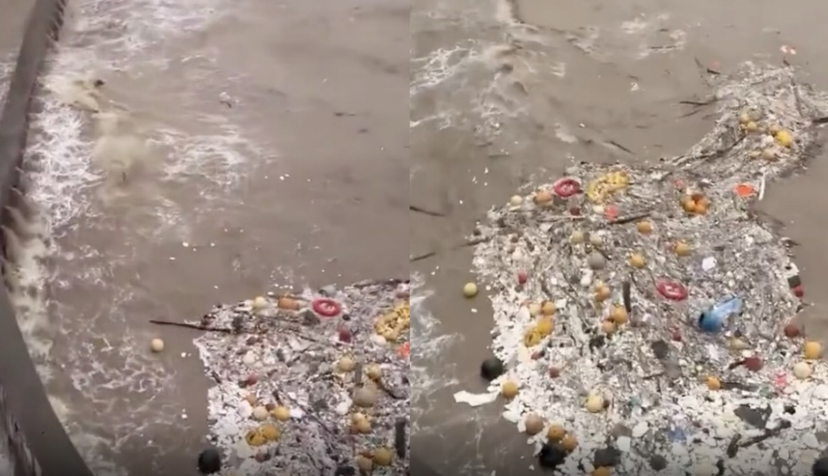 巴威颱風登陸中國,浙江掀巨浪「裡面全是垃圾」。(翻攝自Threads@「李老師不是你老師」)