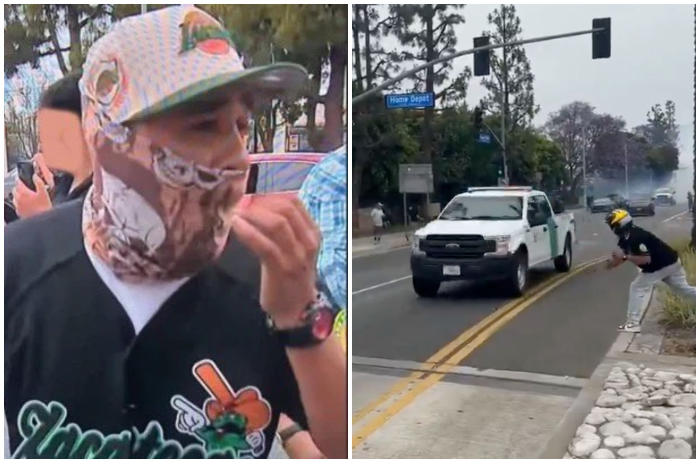 嫌犯身(左圖)身穿黑色上衣、戴鴨舌帽與圖騰面罩,被拍到向警方車輛投擲物品(右圖)。(翻攝X@CollinRugg)