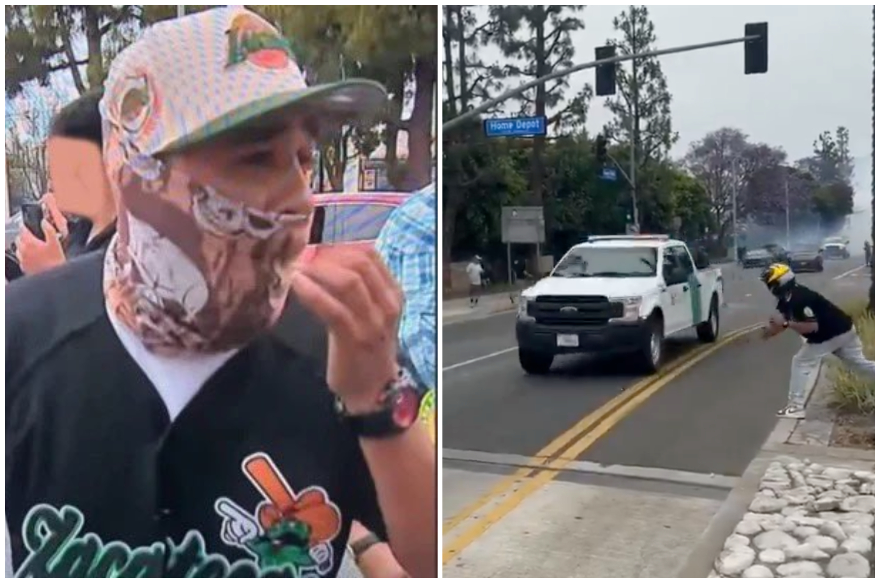 嫌犯身（左圖）身穿黑色上衣、戴鴨舌帽與圖騰面罩，被拍到向警方車輛投擲物品（右圖）。（翻攝X@CollinRugg）