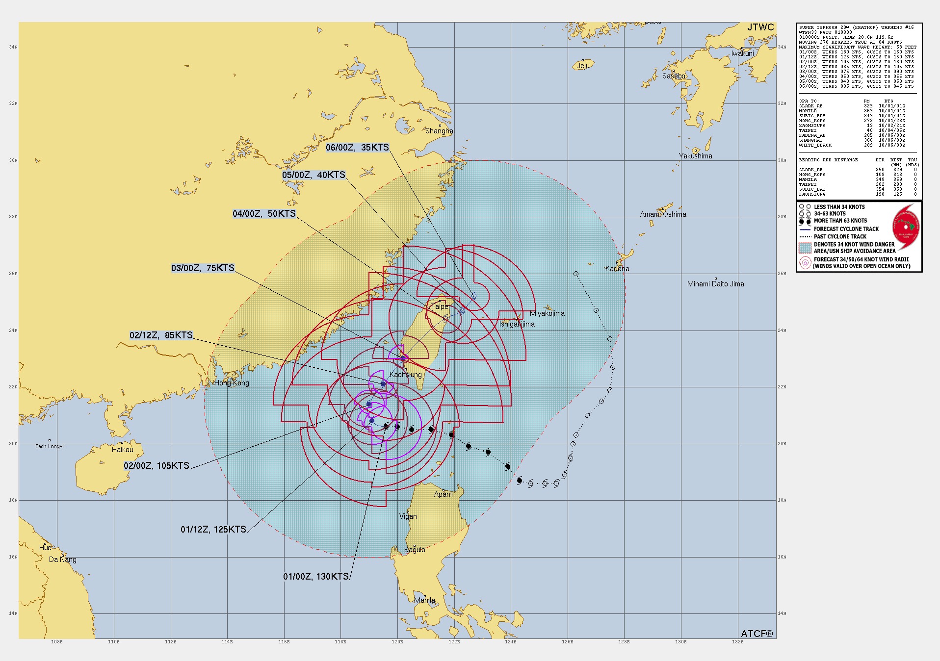 山陀兒變得更粗暴！美軍預測從高雄登陸。（翻自美軍聯合颱風警報中心）
