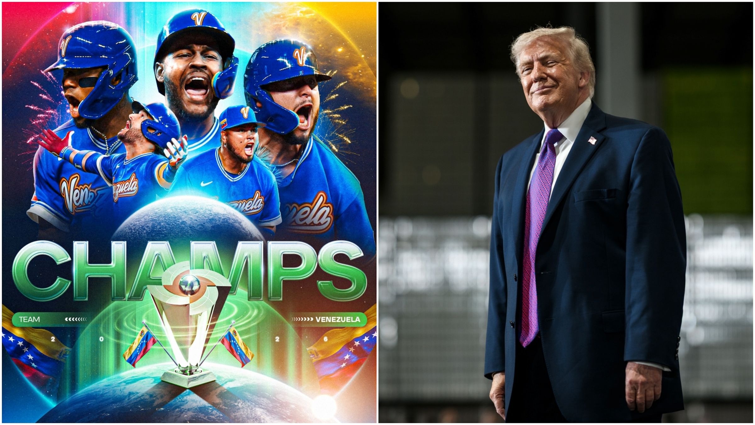 委內瑞拉重挫美國奪冠,川普嗨喊「建州吧」。(翻攝X@WBCBaseball、White House)