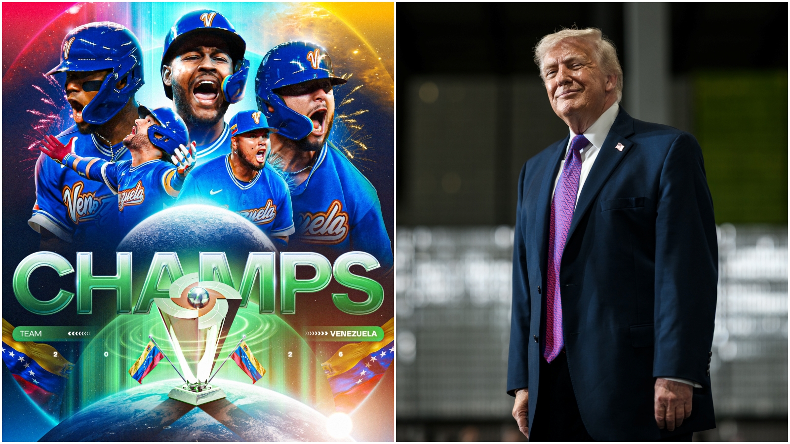 委內瑞拉重挫美國奪冠，川普嗨喊「建州吧」。（翻攝X@WBCBaseball、White House）