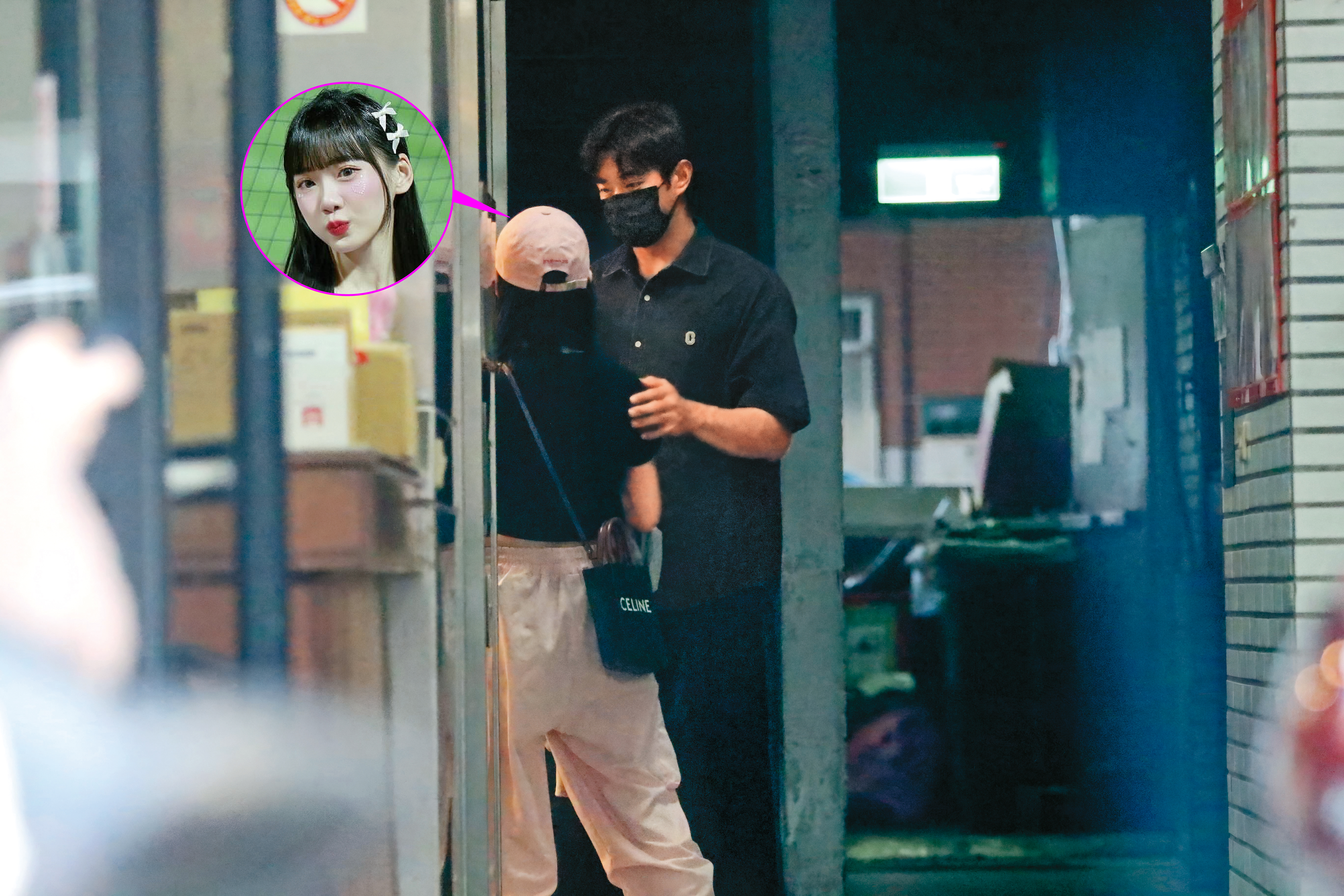 4/14 17：40原來昆娜（左）一邊跟管理員閒聊，一邊在等待張祐嘉（右）來接她上樓，彼此親暱的動作不言可喻兩人關係。