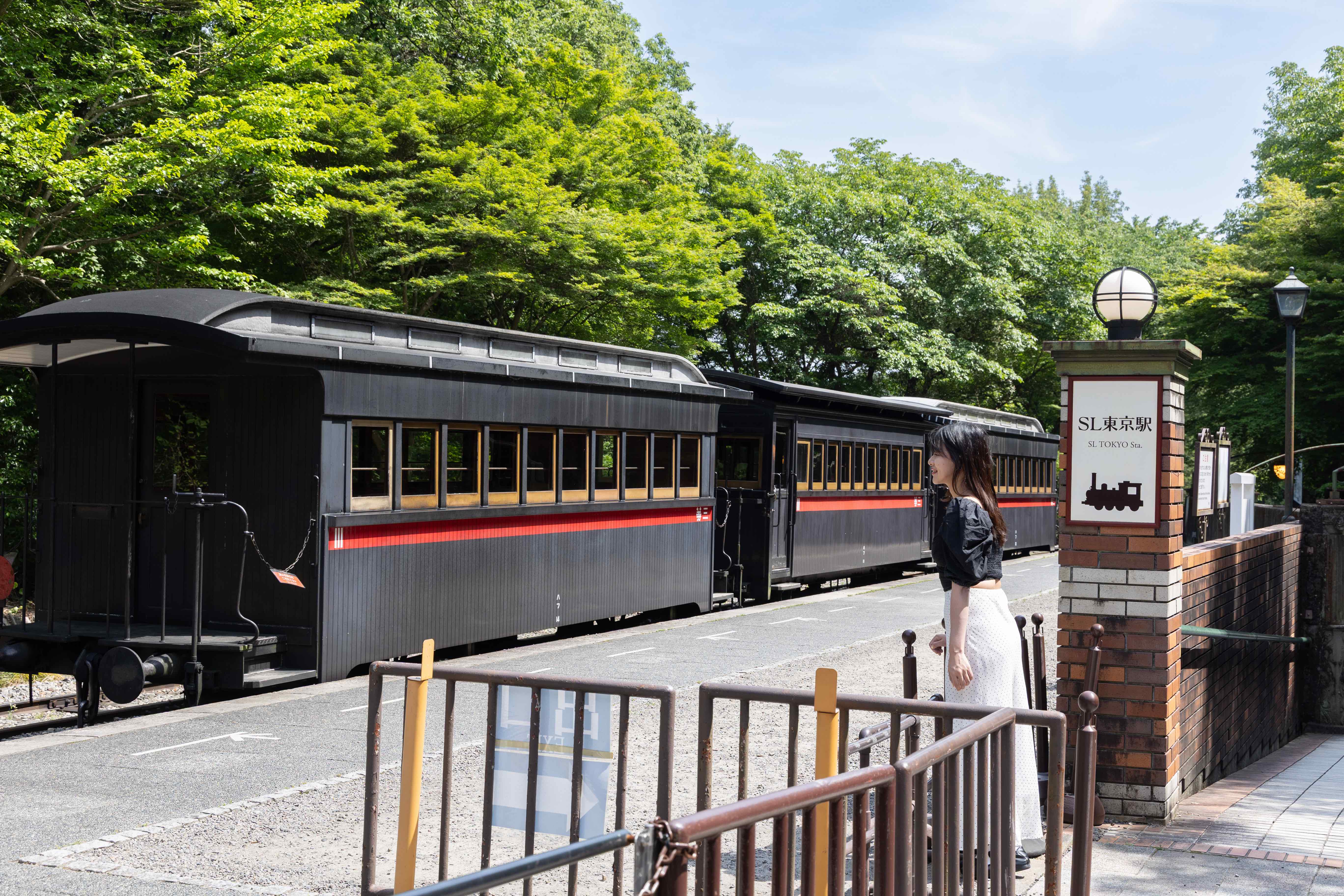 園內的蒸汽火車由明治時代1874年製造的機關車與客車組成，是日本最古老的蒸汽火車，至今仍能載客運行。（700日圓／大人，約NT$137、500日圓／小學生，約NT$98）