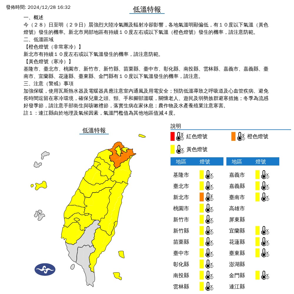 中央氣象署今（28日）下午4時32分對18縣市發布低溫特報。（翻攝自氣象署）