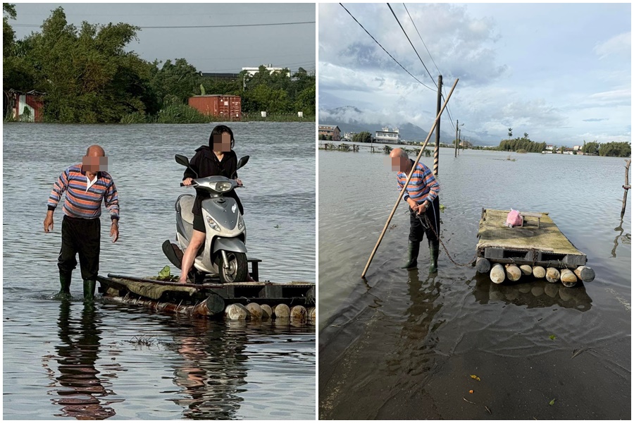 今（12日）宜蘭縣仍停班停課，稍早一名護理師為了趕到醫院，在父親協助下，將摩托車騎上竹筏，藉此渡過淹水區域。（翻攝自五結鄉民代表張亮軒臉書）