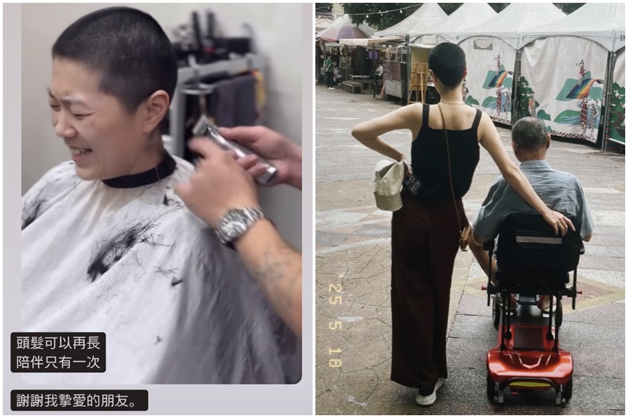 金曲歌后曹雅雯突剃平頭落淚畫面曝光，並Po出自己摟著坐在輪椅上爸爸的合影寫道：「Always be with you.」。（翻攝自曹雅雯臉書）