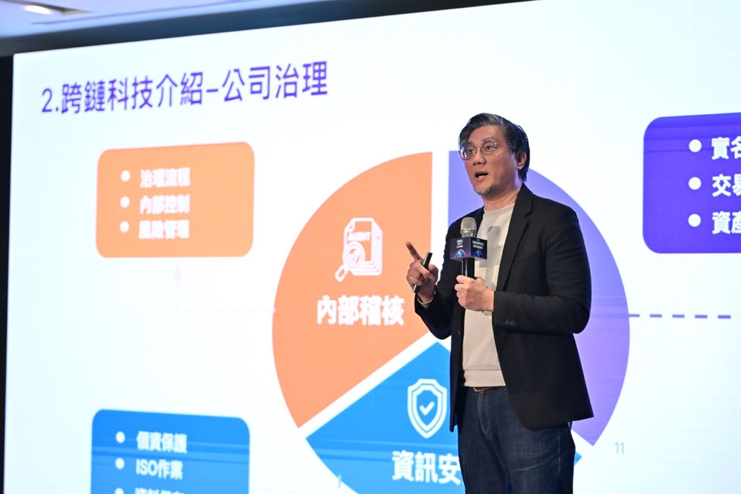 跨鏈科技業務經理鄭鈞中提出區塊鏈應用的觀點。（跨鏈科技提供）