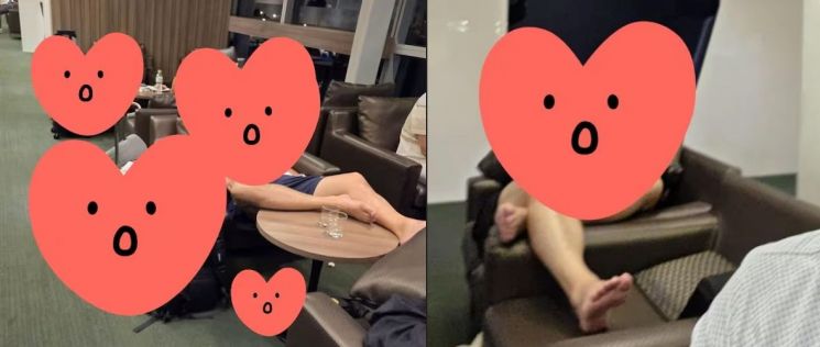 幾位疑似是韓國人的遊客，光腳放在越南機場的桌上和沙發上呼呼大睡。（翻攝自網路）