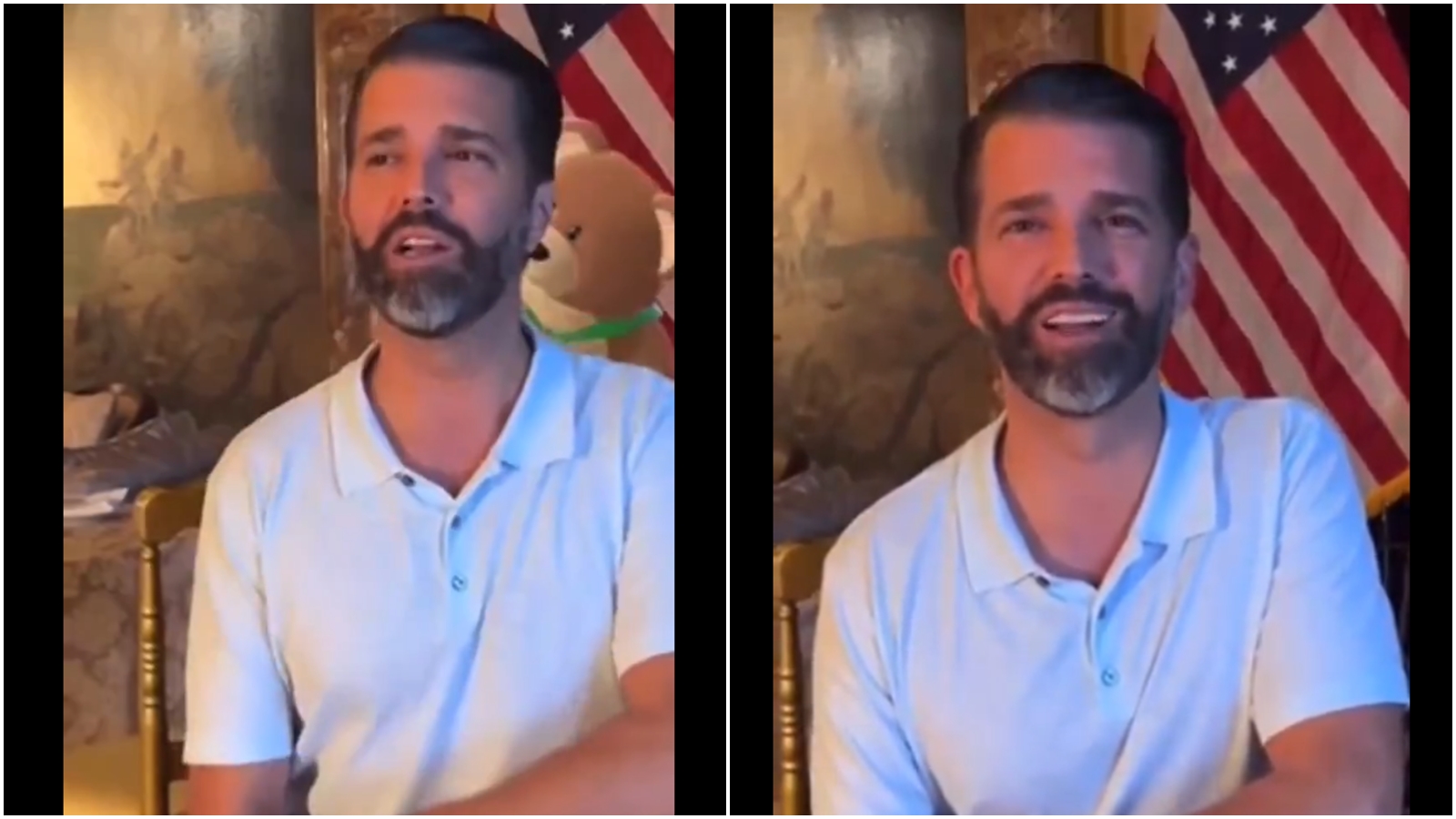 川普長子開直播稱，如果父親敗選，可能就要逃到沒有引渡的國家，以免被「關進勞改營」，不過卻稱是玩笑話。（翻攝自X@MailOnline）