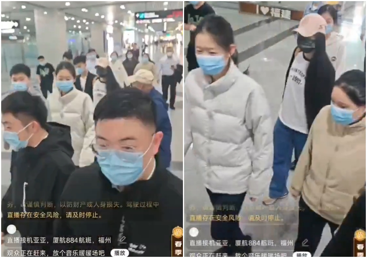 亞亞落地中國福州機場後，她一下飛機就在「口罩神祕人」簇擁下離去，身分再度引起外界好奇。（翻攝自X平台）