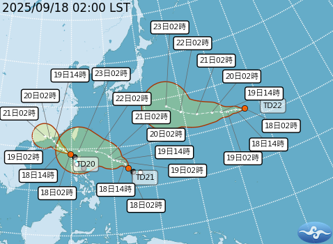 3熱帶性低壓共舞，最新路徑曝光。（取自氣象署官網）