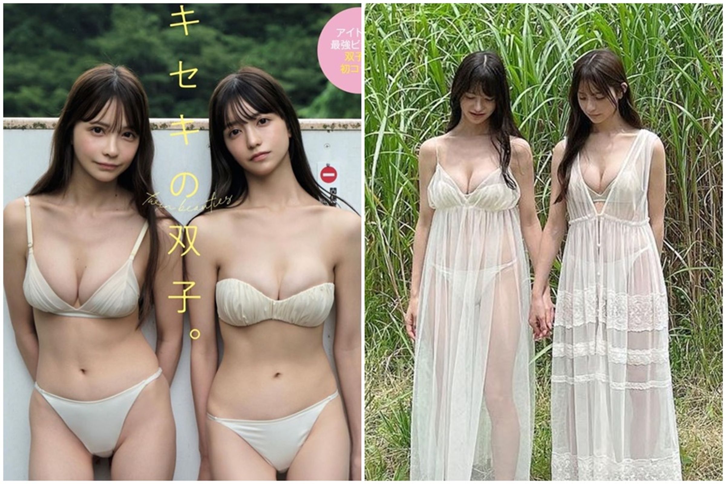 「奇蹟の雙子」姊妹花寫真辣照釋出。(左圖翻攝自IG@kiki_u___,右圖翻攝自IG@morifuuka0526)