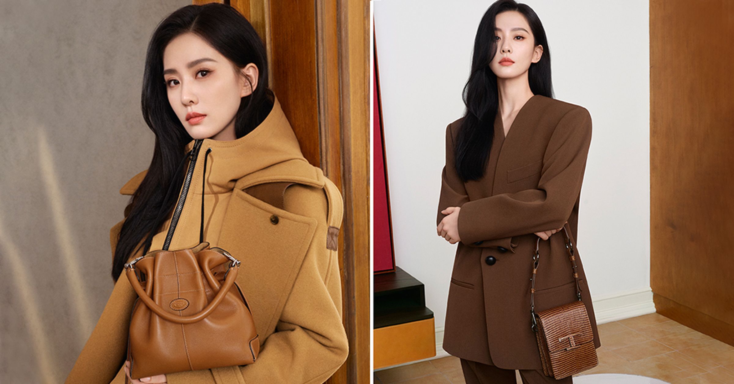 女星劉詩詩的TOD'S穿搭,完美呈現剛柔並濟的時尚風格。(左) TOD'S駝色羊毛長大衣 NT$148,900,TOD'S駝色拉鍊連帽外套 NT$75,900。(右)TOD'S咖啡色西裝外套 NT$64,900,TOD'S咖啡色西裝褲 NT$38,900。