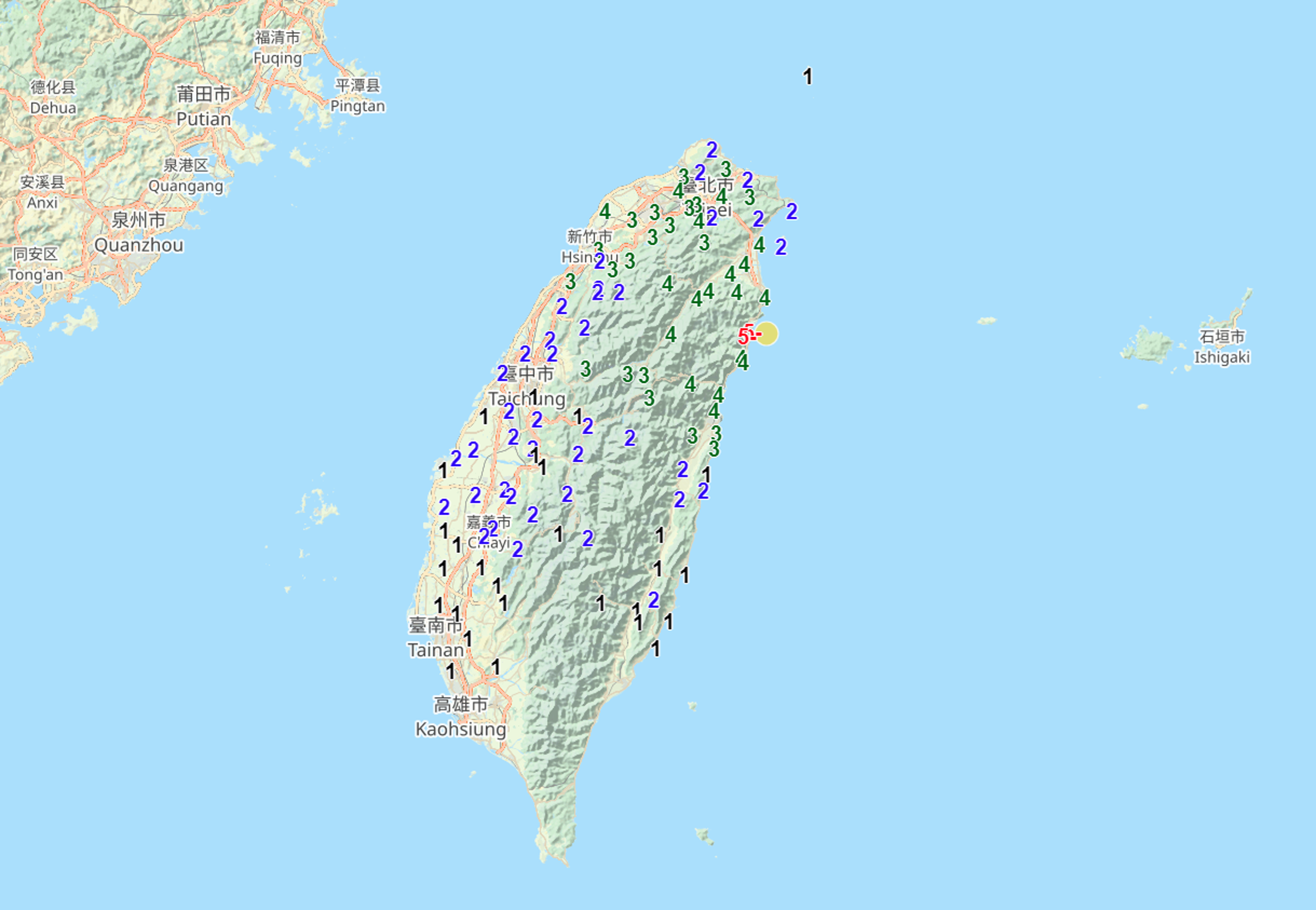 宜蘭近海今日下午5時6分,發生芮氏規模5.7地震。(翻攝中央氣象署地震預測中心)
