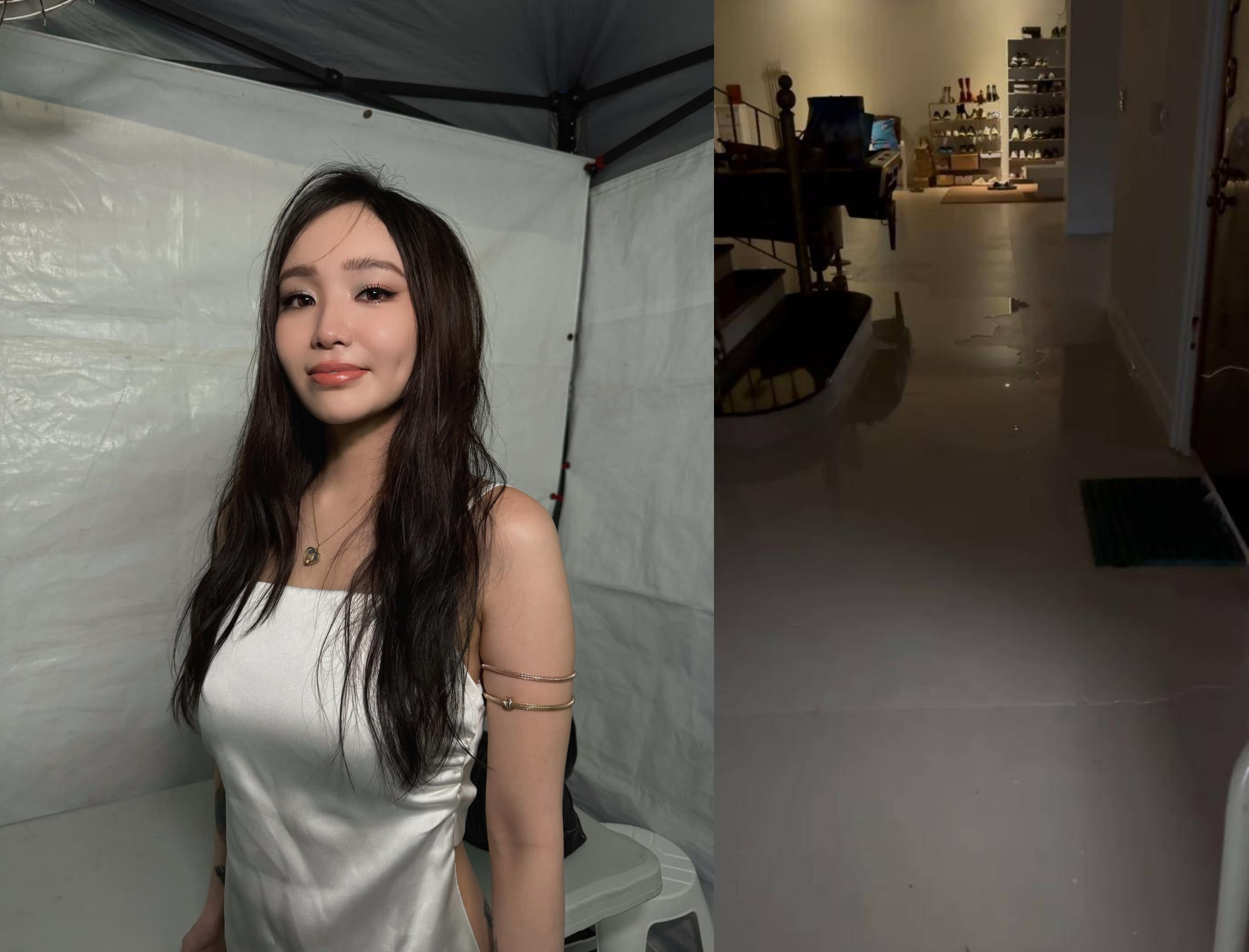 陳芳語的家中，在颱風天有水湧入，她笑說想游泳但還不夠深。（翻攝自陳芳語臉書、 Treads）