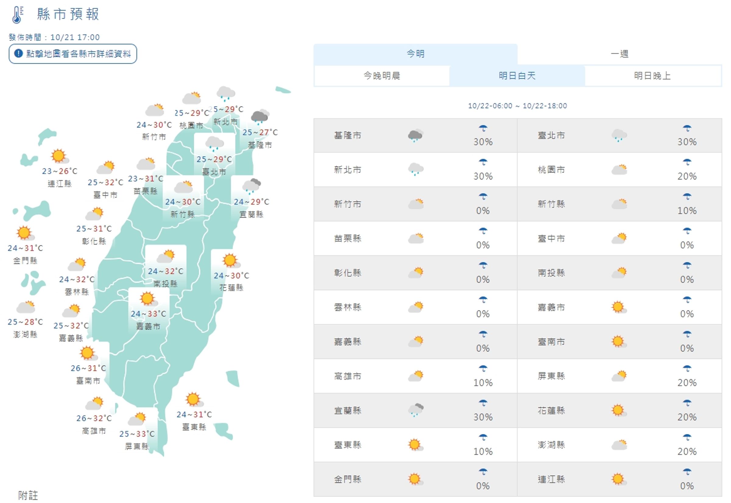 中央氣象署說明明日白天天氣。（翻攝自中央氣象署官網）