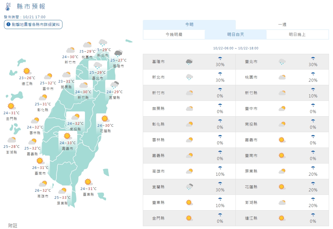 中央氣象署說明明日白天天氣。(翻攝自中央氣象署官網)
