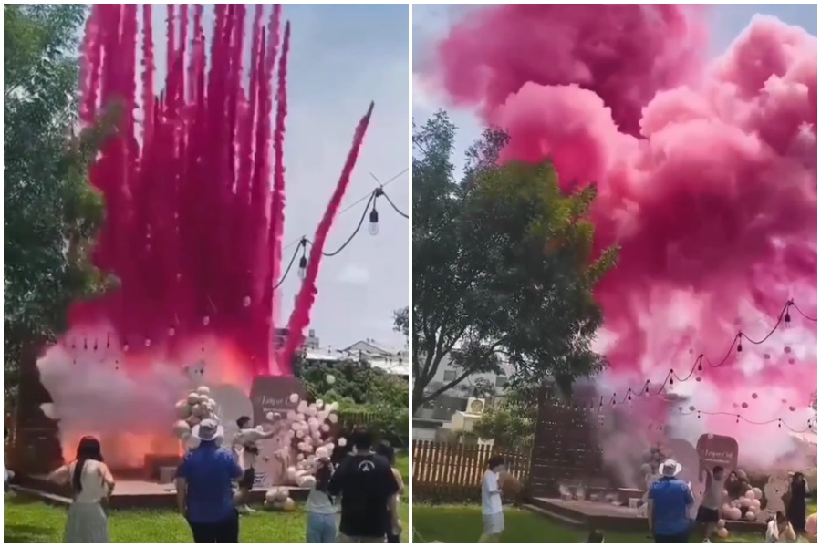 家長控訴台中一家親子餐廳的戶外性別趴，突然施放粉色煙火導致很多小孩被嚇哭。（翻攝自Dcard）