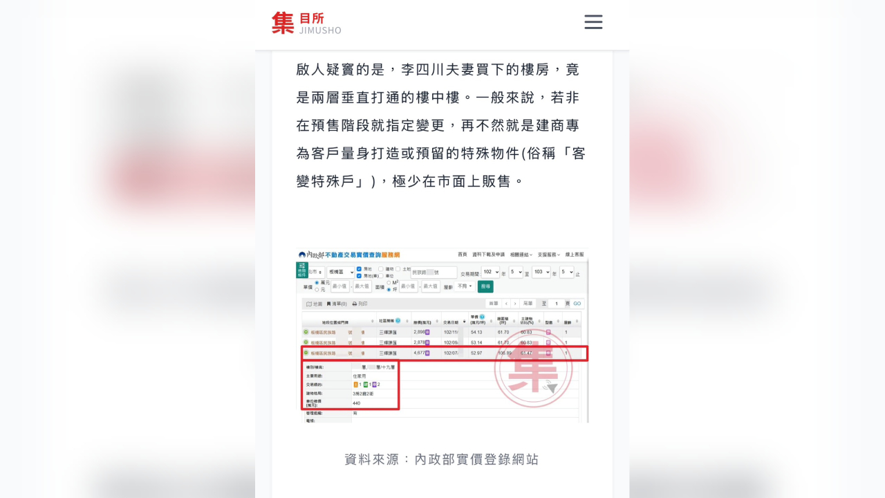 根據實價登錄資料，李四川夫婦購入的板橋樓中樓住宅總價約4,677萬元，扣除兩筆房貸後，仍有近千萬元自備款差額，成為外界質疑焦點。（翻攝自集目所）
