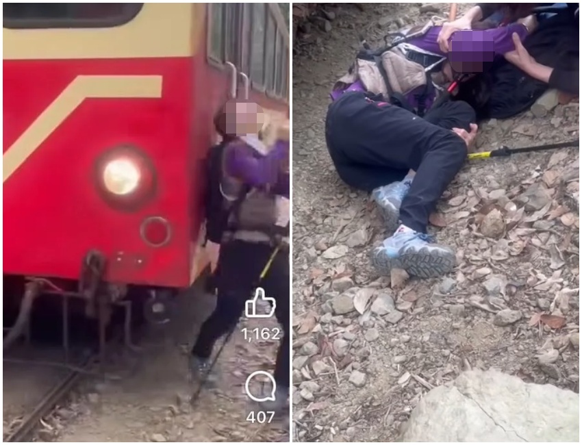 一名遊客硬闖鐵道拍照，慘遭小火車撞倒，左腿因此受傷。（翻攝「翻轉大高屏交通」臉書）