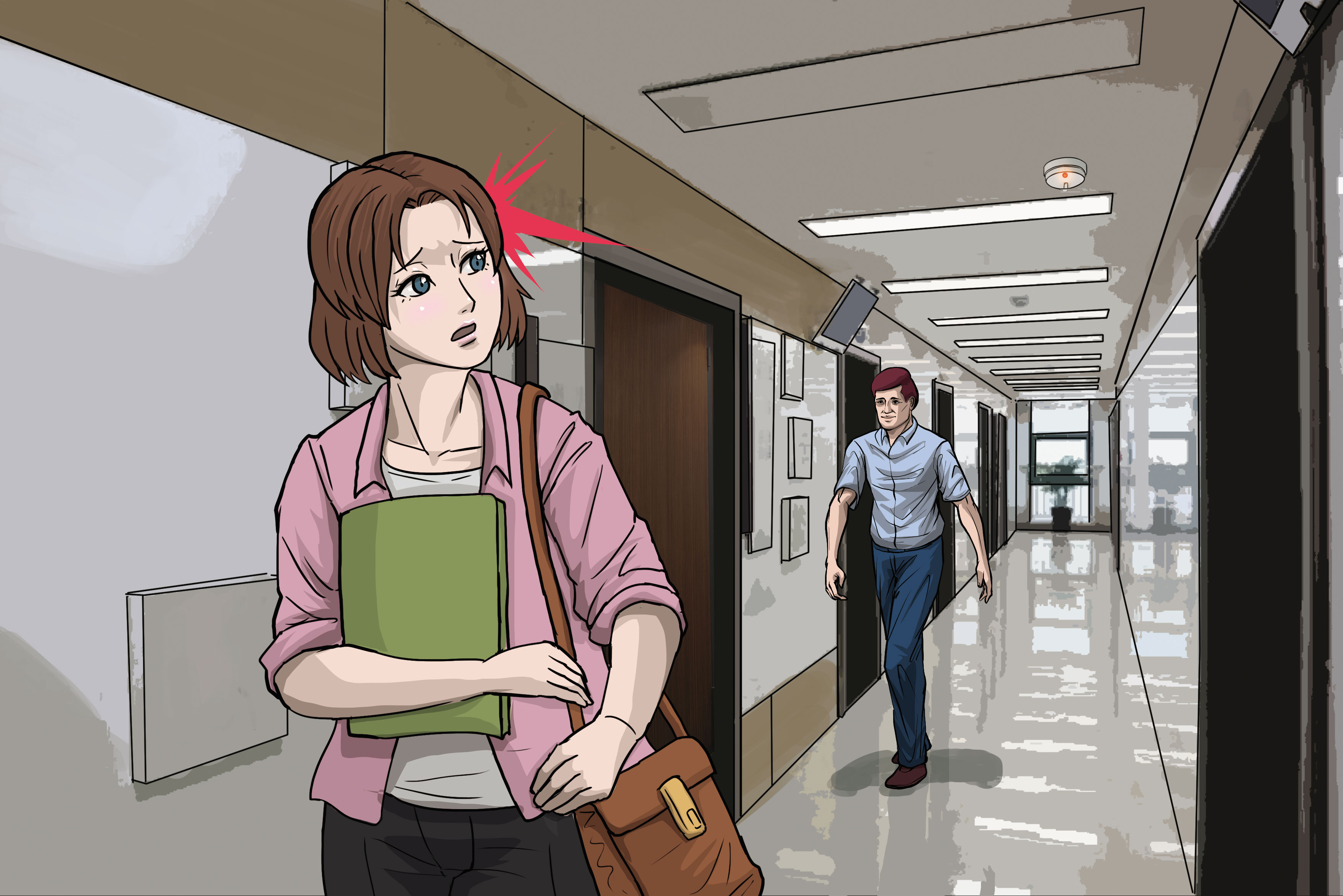 小雯（前）在辦公室經常感受到曾男（後）注視的眼神，讓她壓力很大。（示意畫面，AI繪圖Firefly生成，本刊美術組後製）