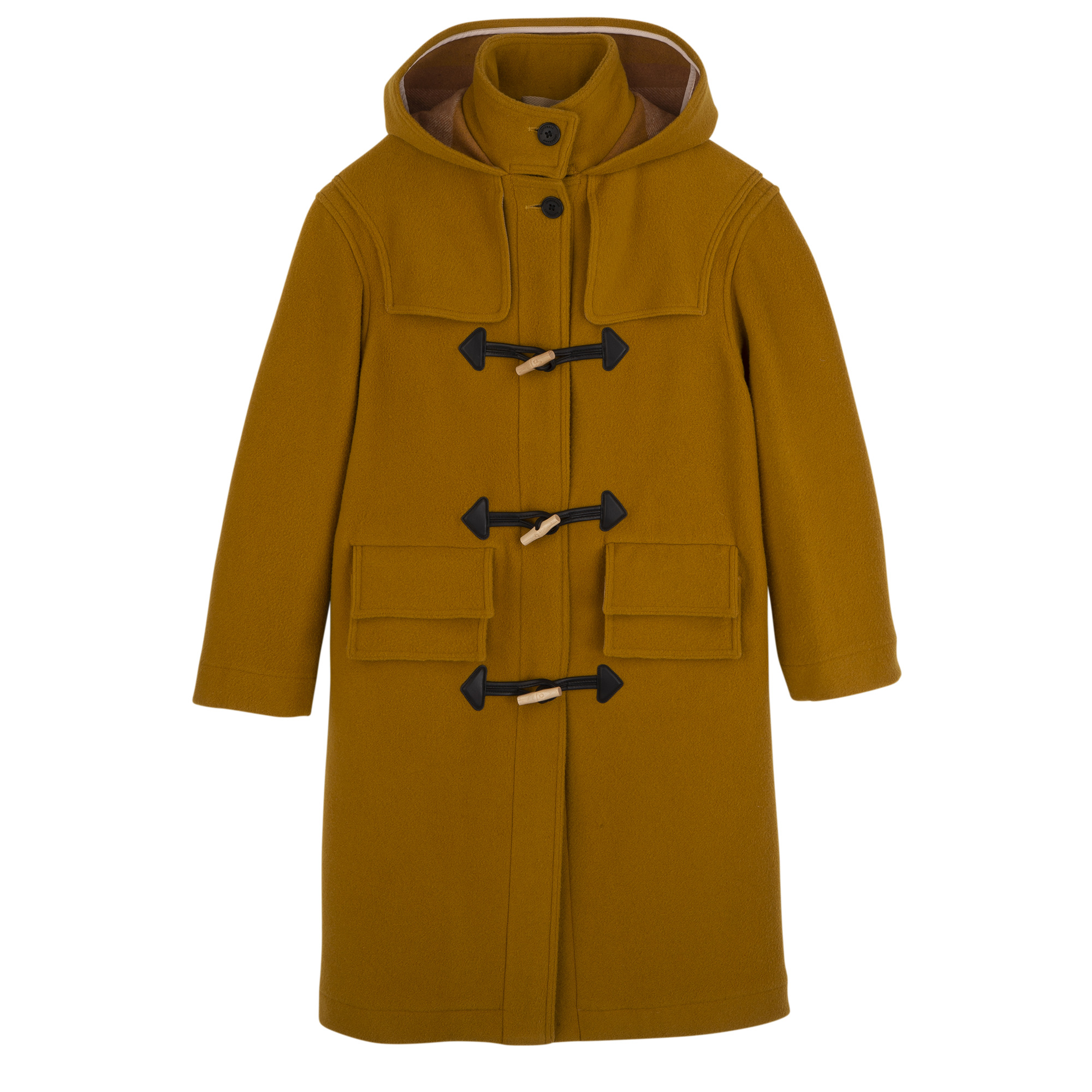 LONGCHAMP X GLOVERALL豆蔻黃色粗呢大衣。NT$43,200(LONGCHAMP提供)