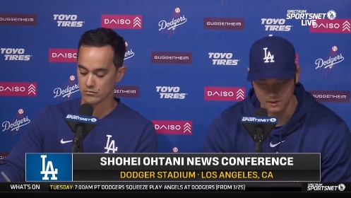 大谷翔平（右）今召開記者會，首度公開回應水原一平簽賭事件。（翻攝自推特@nanato20220316）