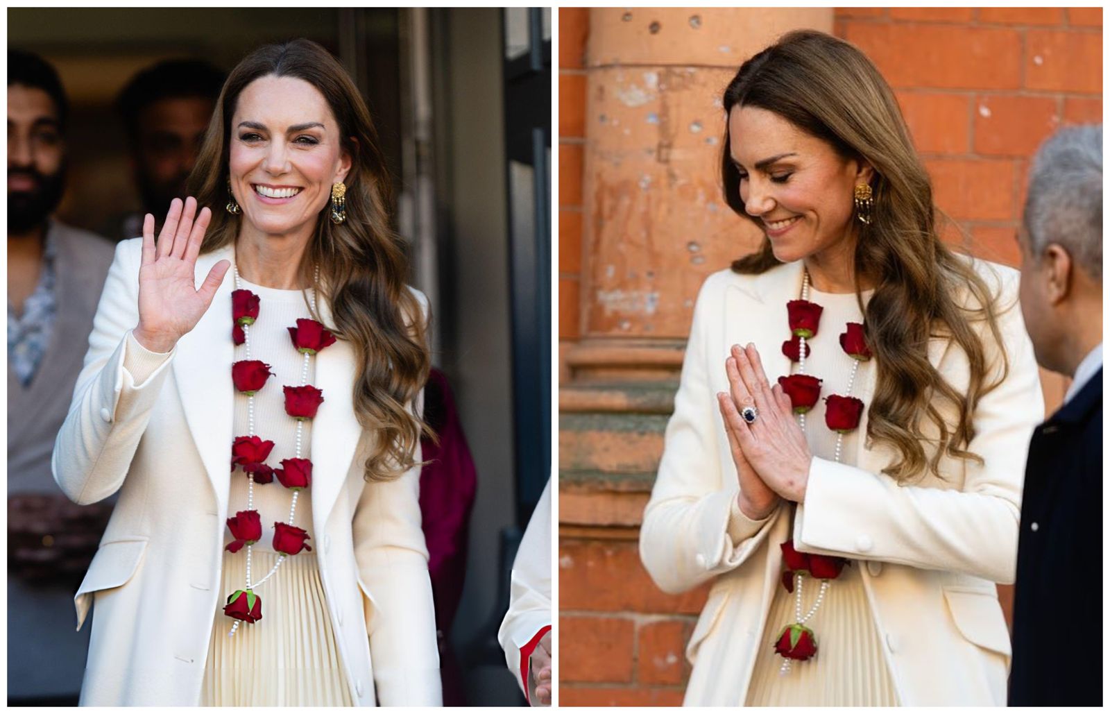 凱特王妃與印度社群交流，以傳統的「Namaste」雙手合十手勢致意。（翻攝X@HRHPWales）