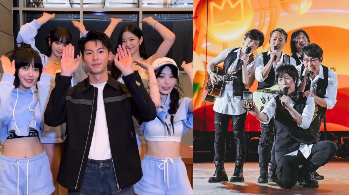 許光漢、五月天驚喜送上祝賀花籃祝賀韓國女團LE SSERAFIM演唱會成功。（左翻攝LE SSERAFIM INS、右翻攝五月天臉書）