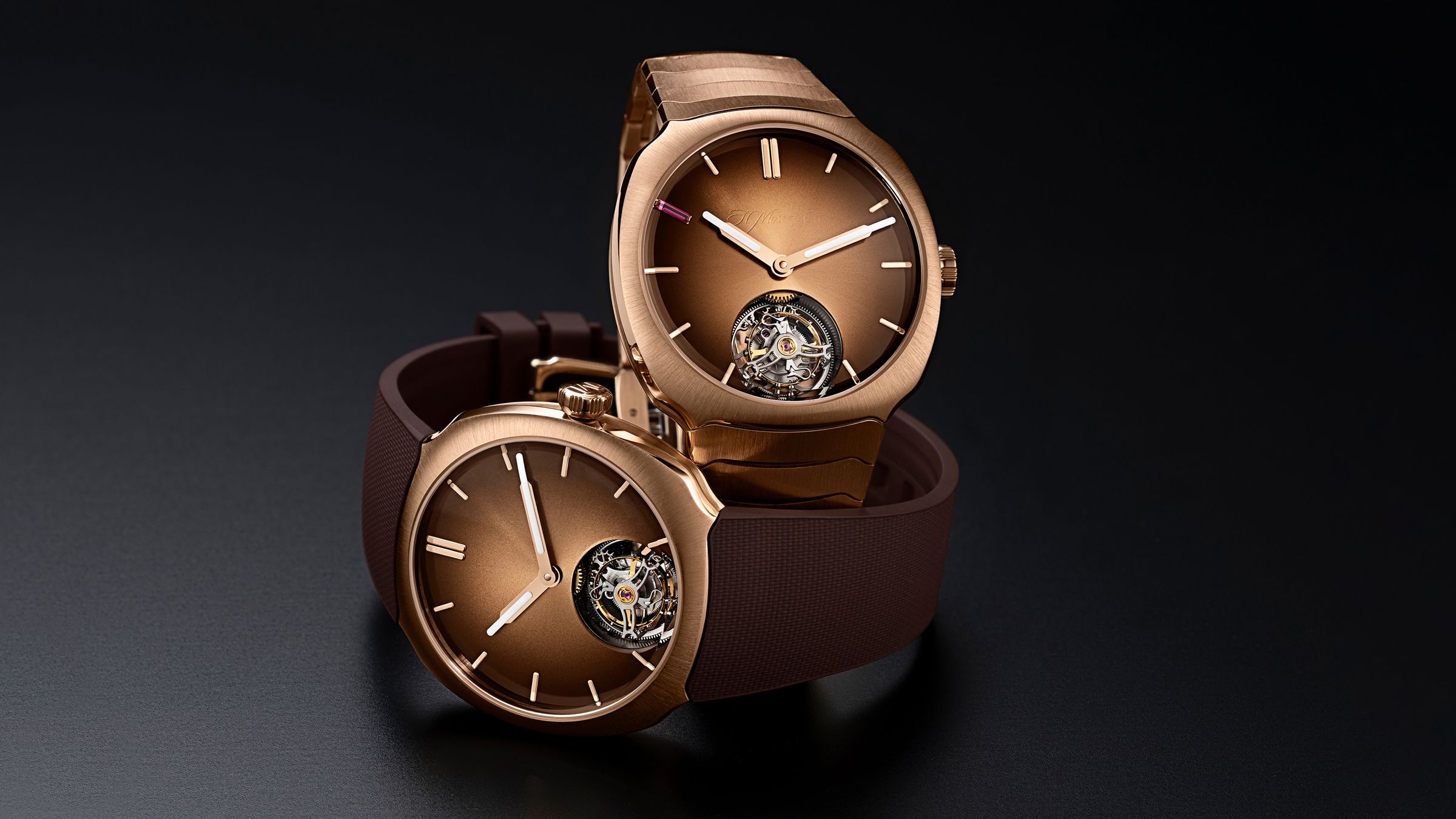 H. MOSER & CIE. Streamliner Tourbillon Pierre Gasly Edition｜錶徑40mm／5N紅金錶殼／時、分指示；陀飛輪裝置／HMC 805自動上鍊機芯／動力儲存約72小時／防水120米／定價NT$3,140,000（橡膠錶帶款，限量100只）NT$5,080,000（鍊帶款，限量10只）