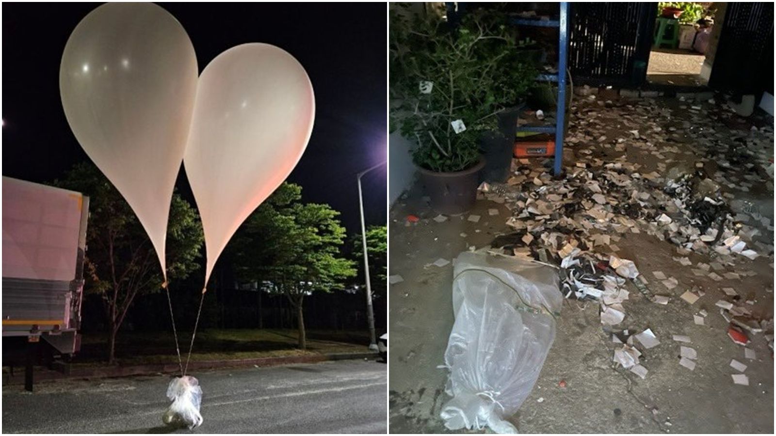 北韓近期空飄大量懸掛垃圾、排泄物的「垃圾氣球」到南韓。（翻攝自X@ehlover19、@DaegyoSeo）