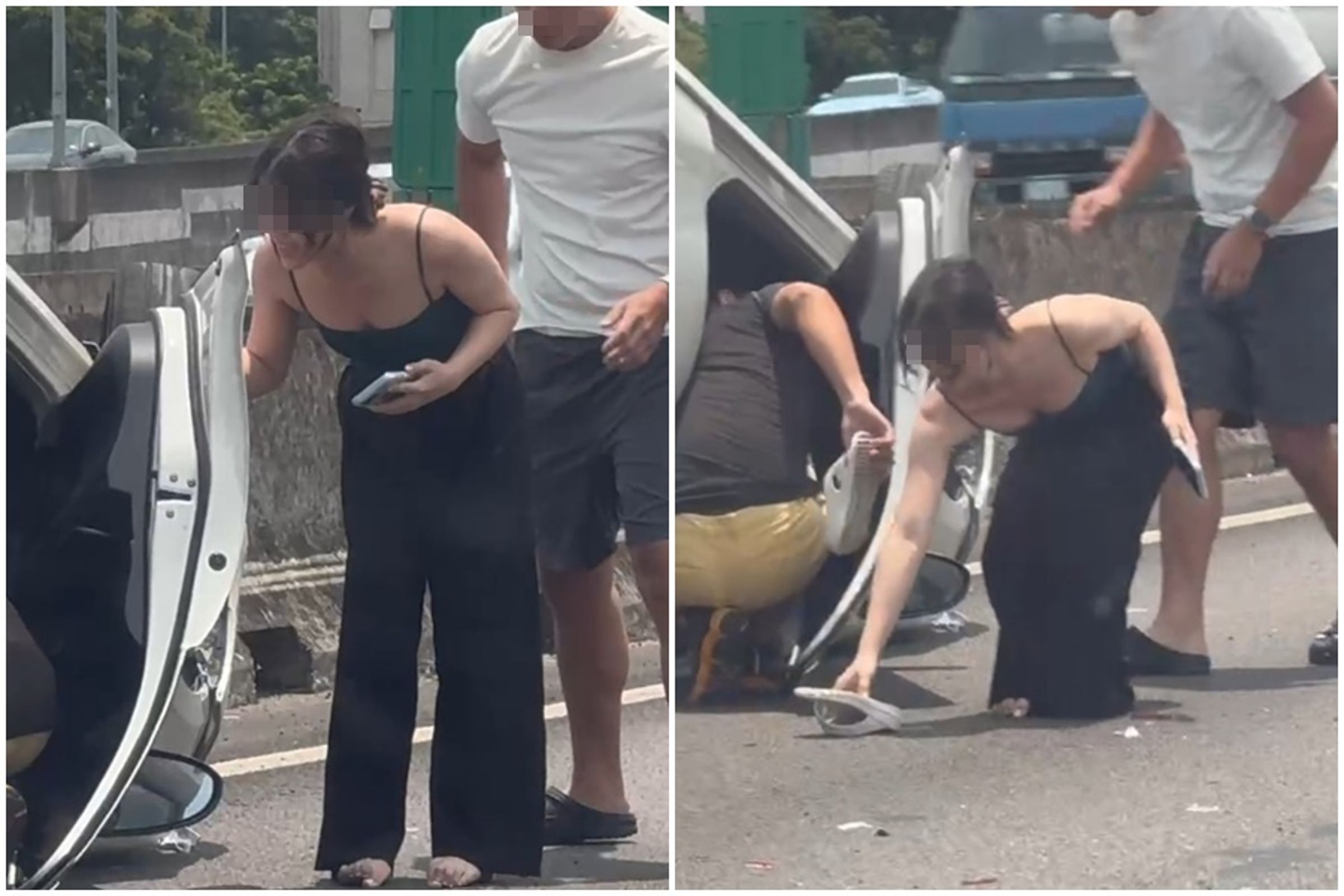 25日國道3號車禍,從翻覆小轎車爬出的低胸妹面露燦笑,引起網友討論。(翻攝自「WoWtchout - 地圖型行車影像分享平台 YT頻道)
