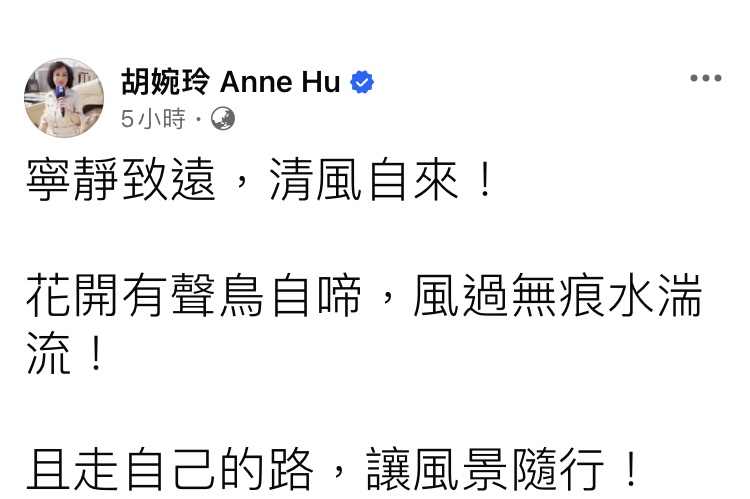 本刊「自請離職民視內幕」報導出刊之後,胡婉玲在臉書以短文回應。(翻攝臉書)
