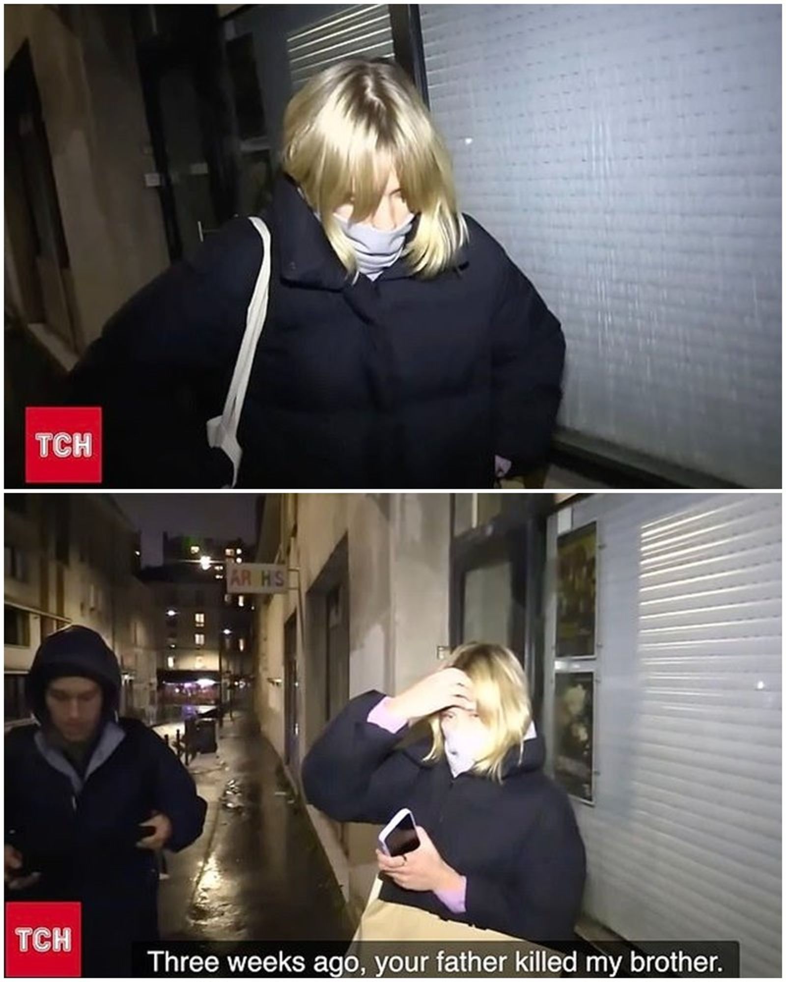 露伊莎在巴黎街頭遭烏克蘭記者問話，面對鏡頭頻頻閃躲。（翻攝TCH畫面）